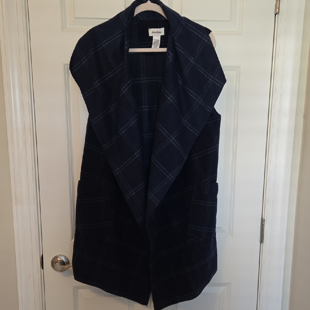 Navy Plaid Sleeveless Open Front Vest
